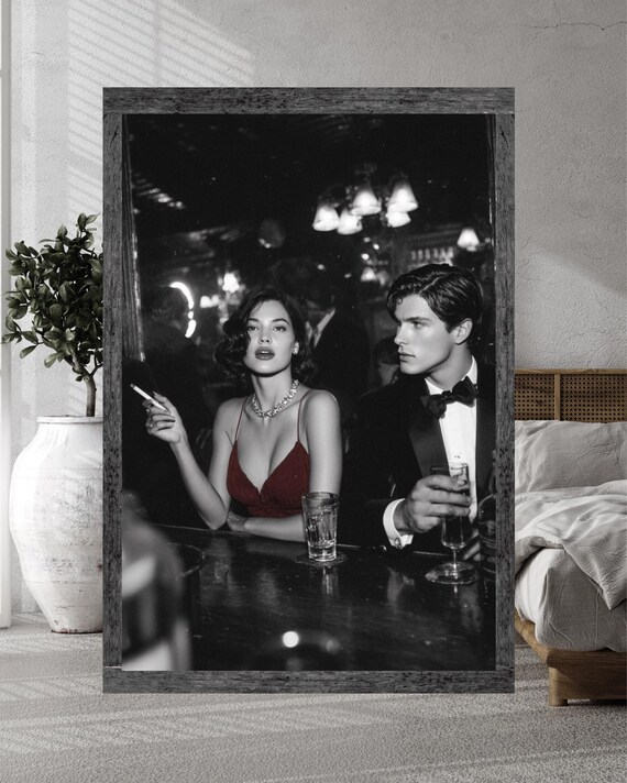 Vintage Noir Bar Couple in Red Dress Cinematic Black and White Poster