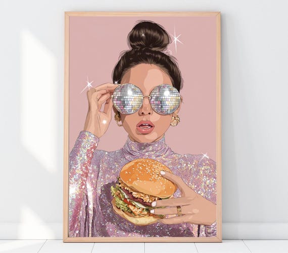 Disco Girl Wall Art Sparkly Retro Illustration Glam Burger Poster Pink Pop Print Trendy Fashion