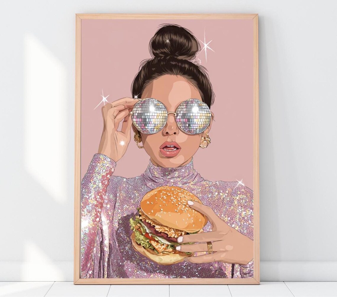 Disco Girl Sparkly Retro Illustration Glam Burger Pink Poster