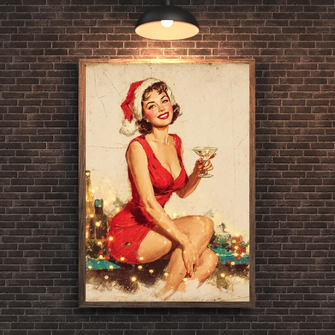 Vintage Pinup Christmas Martini Retro Holiday Glamour Art Poster