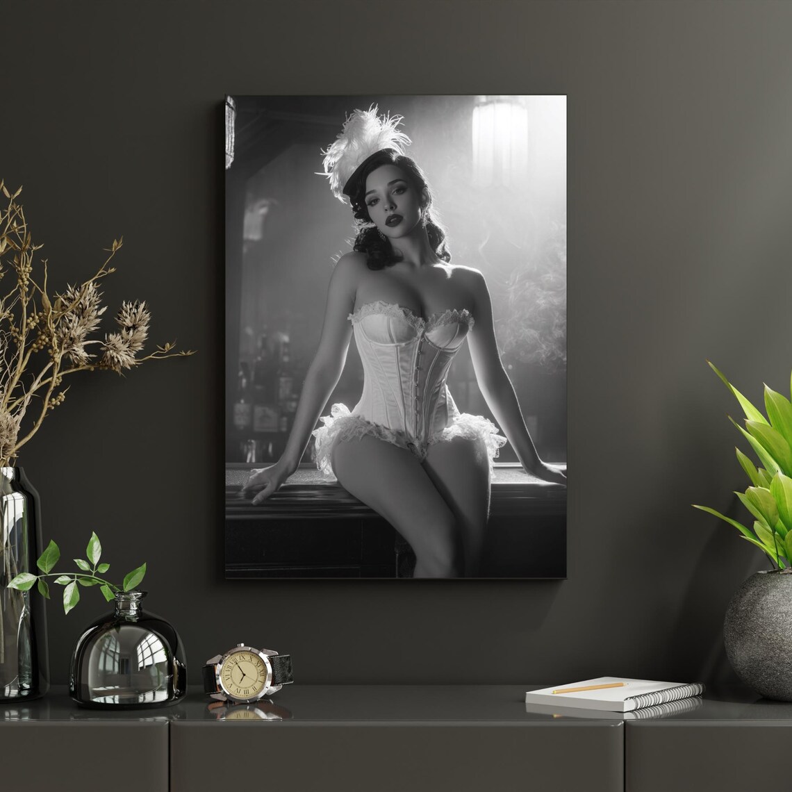 Retro Burlesque Showgirl in Corset Black and White Glamour Photo Poster