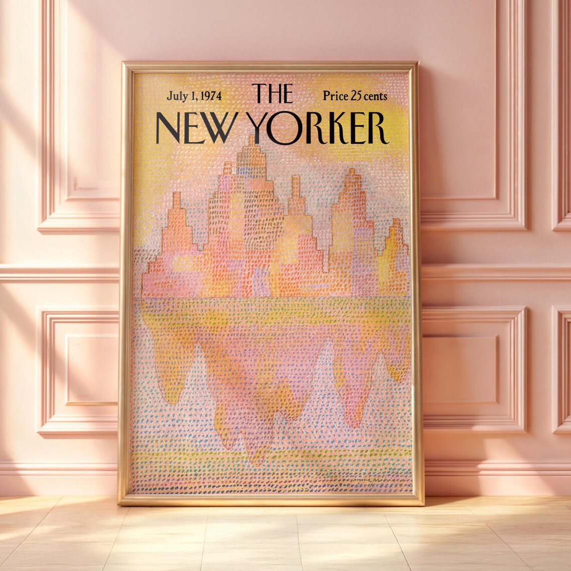 The New Yorker July 1974 Pointillist Pastel NYC Skyline Reflection Poster