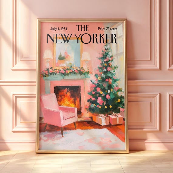 Vintage New Yorker Christmas Poster Pink Holiday Fireplace Wall Art Cozy Tree Print Retro Magazine Cover Decor