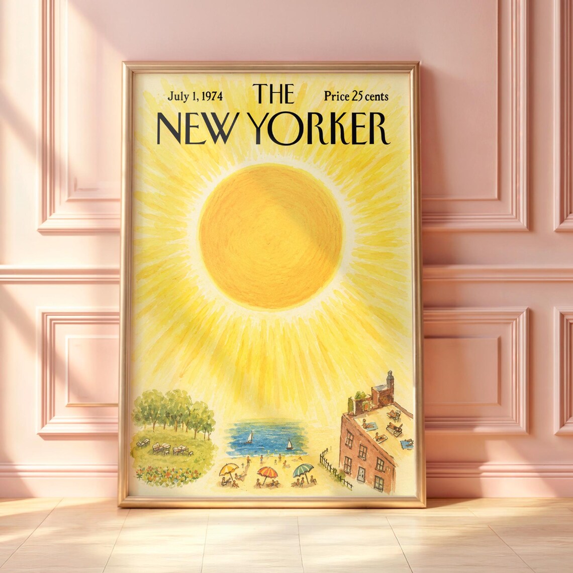 The New Yorker July 1 1974 Giant Sun Over Beach Town Art Poster