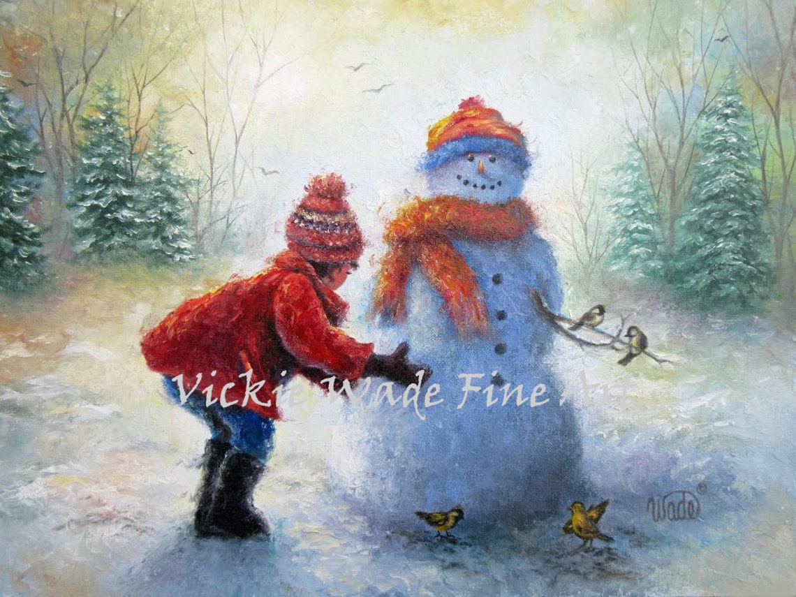 Snowman And Girl Art Print Building Snowman Little Girl Red Coat Snowman Paintings Snowman Images Snowman Wall Art Vickie Wade Art