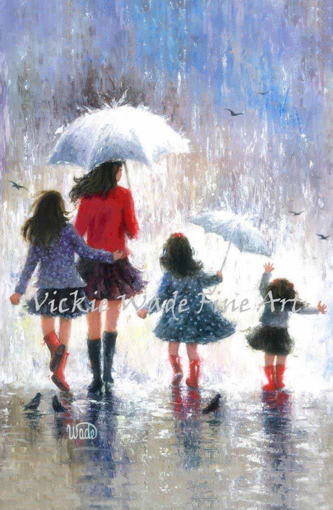 Mother Three Daughters Art Print Three Girls Three Sisters 3 Girls Mothers Day Gift Rain Girls Mom In Rain Paintings Vickie Wade Art