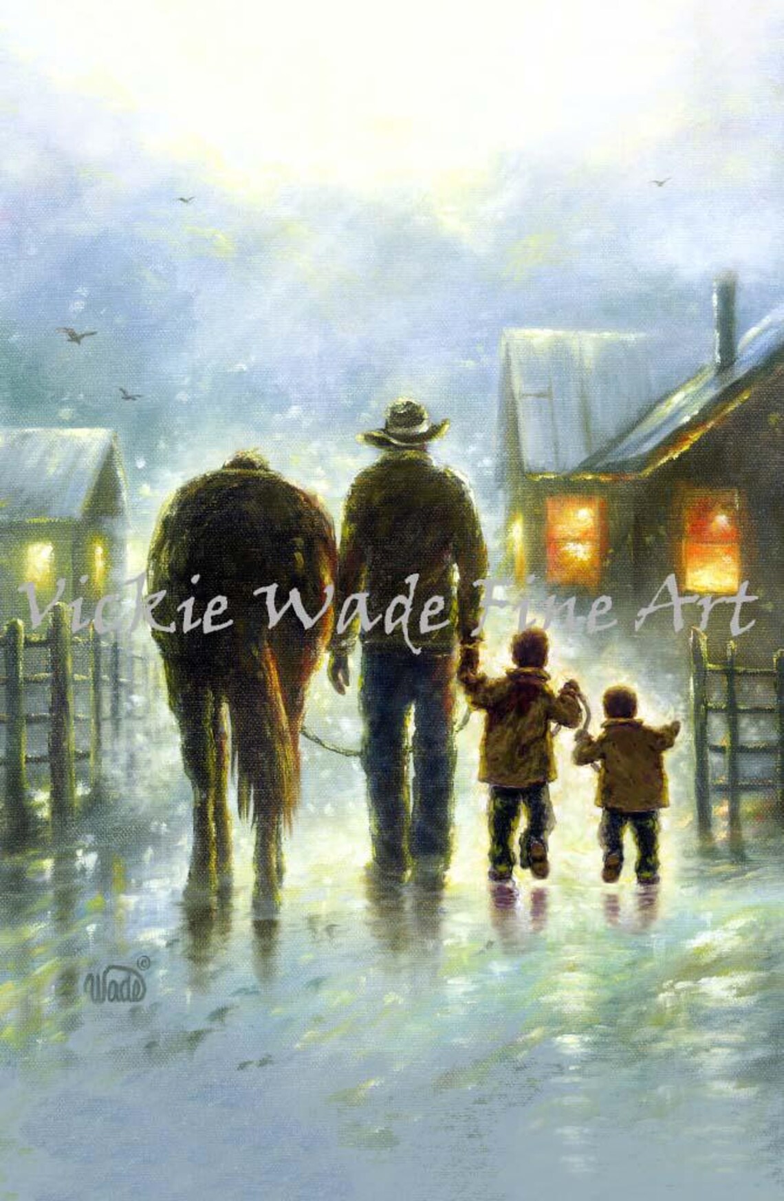 Cowboy Dad Walking With Two Little Boys and a Horse at Night Poster