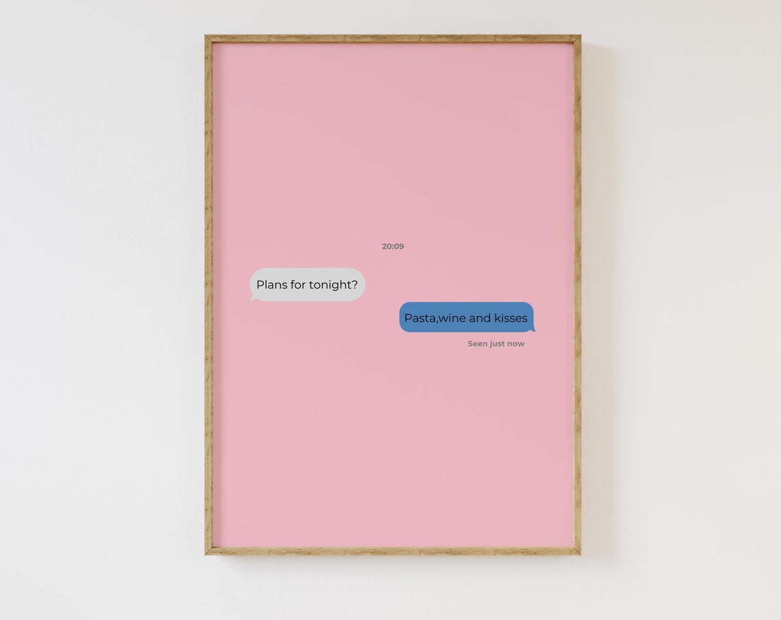 Pasta Wine And Kisses Pink Text Message Cute Couple Quote Poster