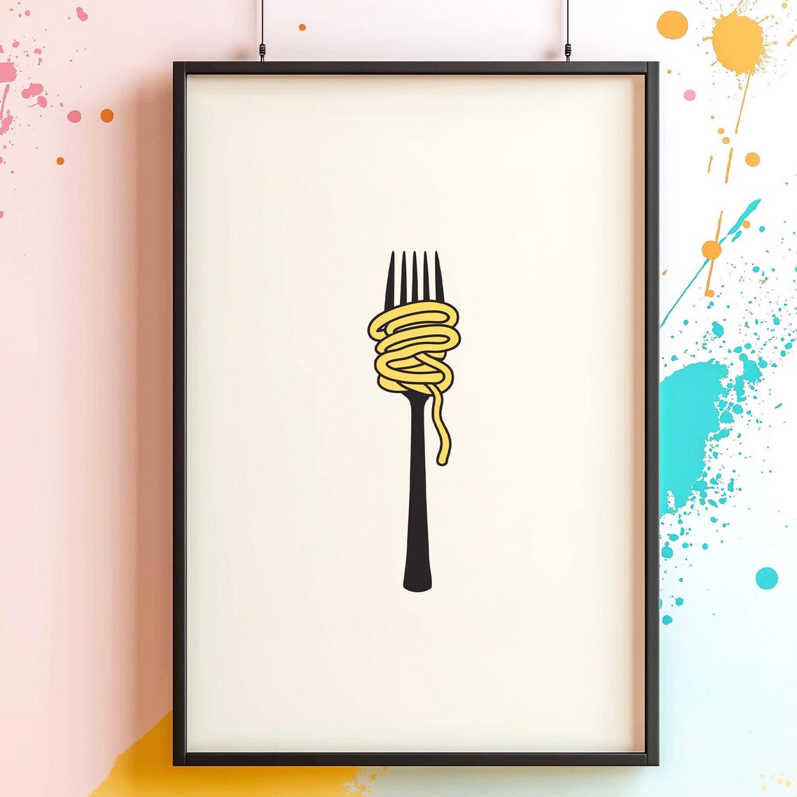Spaghetti Twirled on Fork Minimalist Wall Art Fun Retro Kitchen Decor