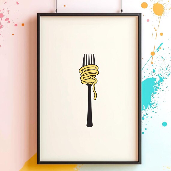 Pasta On Fork Instant Art Print Retro Kitchen Decor Bold Simple Design Frameless And