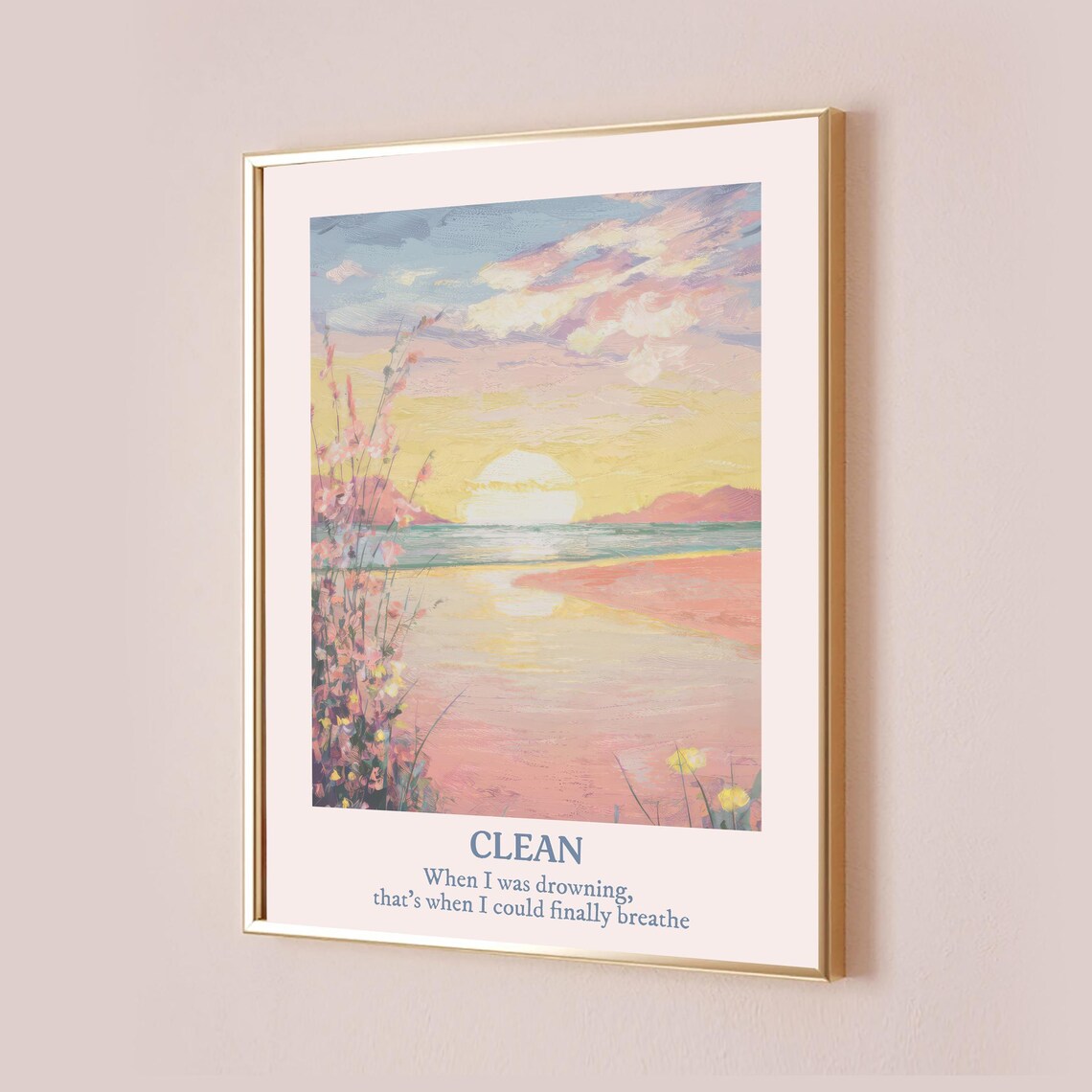Clean Lyric Pastel Beach Sunset Ocean Watercolor Coastal Art Poster