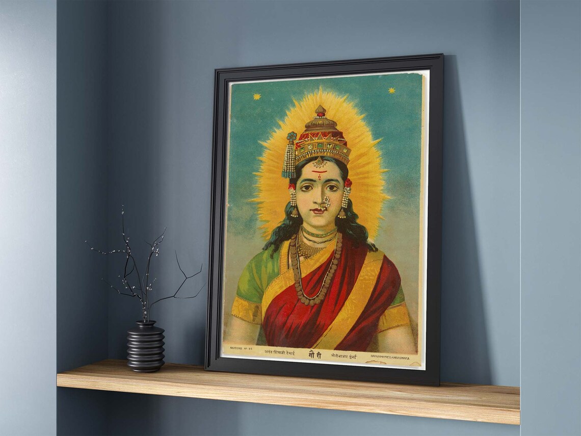 Goddess Gauri with Radiant Golden Crown Hindu Religious Art Poster - Image 2