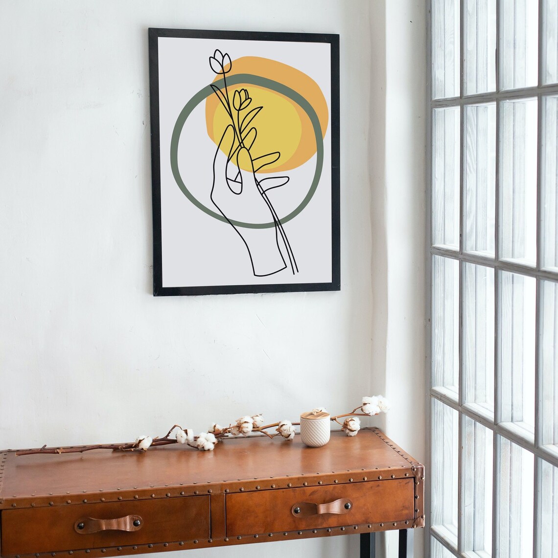 Hand Holding Flower Line Art Mustard Sun Minimal Botanical Poster - Image 2