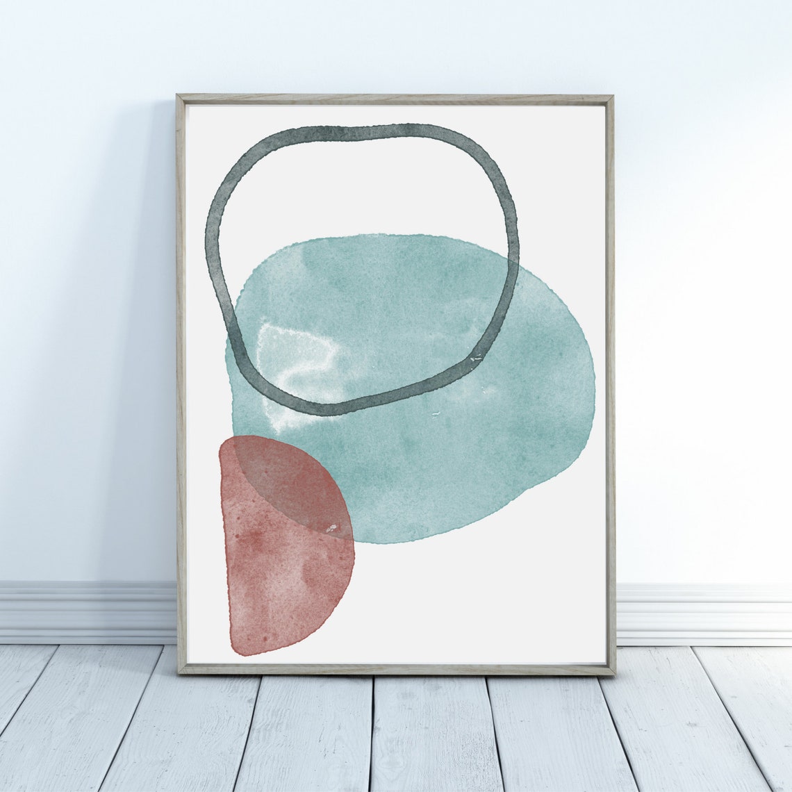 Abstract Watercolor Teal and Terracotta Shapes Modern Art Poster