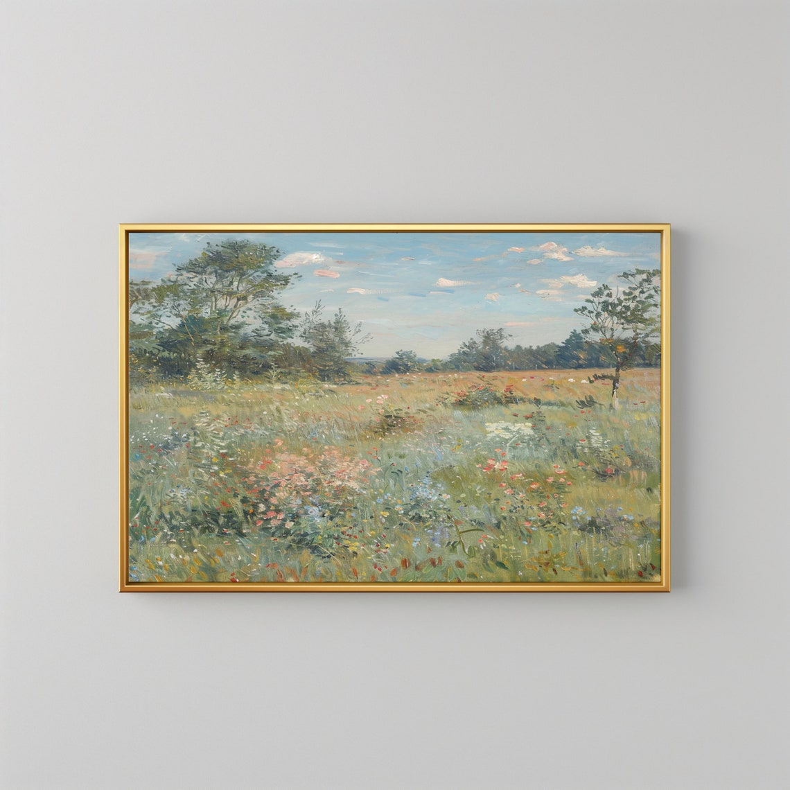 Vintage Landscape Meadow Oil Painting Wildflower Print Flowers Field Landscape Antique Cottage Decor Farmhouse Wall Art - Image 2