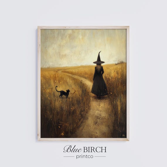 Vintage Style Witch In Field Wall Art Dark Moody Autumn Painting Mysterious Cat Decor Rustic Path Halloween Artwork 78