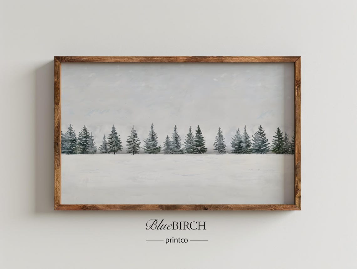 Snow Covered Field Pine Trees Minimalist Winter Landscape Print