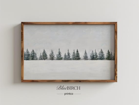 Snow Covered Field Pine Trees Art Rustic Winter Frame Tv Landscape Painting Samsung Holiday Decor 17