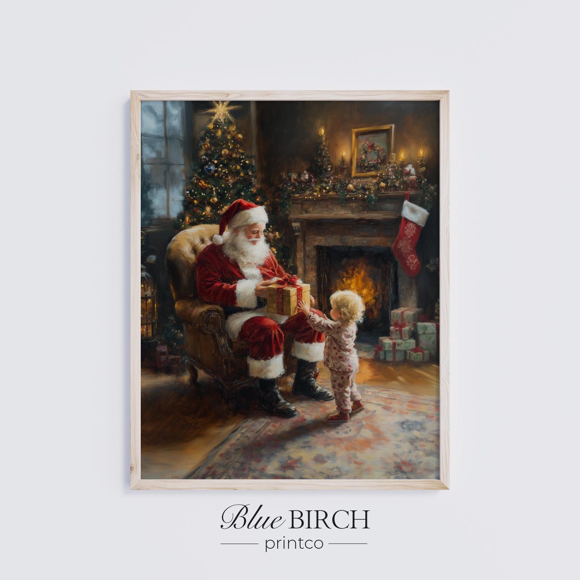 Santa Claus Giving Gift to Child Cozy Fireplace Christmas Wall Art