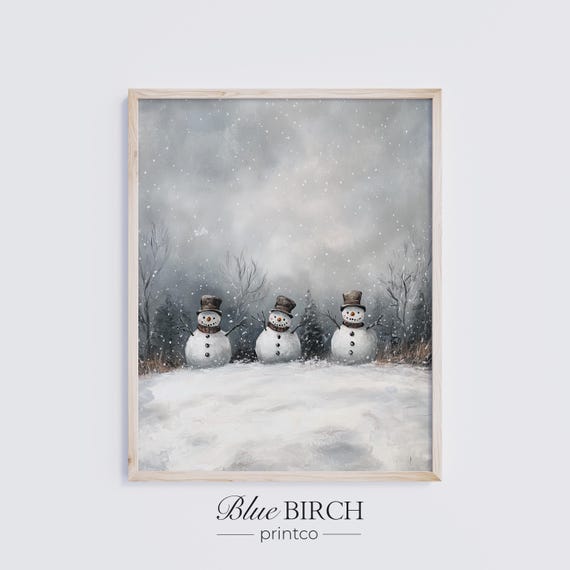 Vintage Christmas Snowman Wall Art Moody Winter Print Cozy Holiday Decor Rustic 124