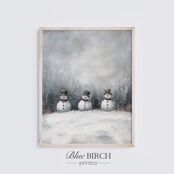 Vintage Trio Of Snowmen Falling Snow Top Hats Winter Scene Poster