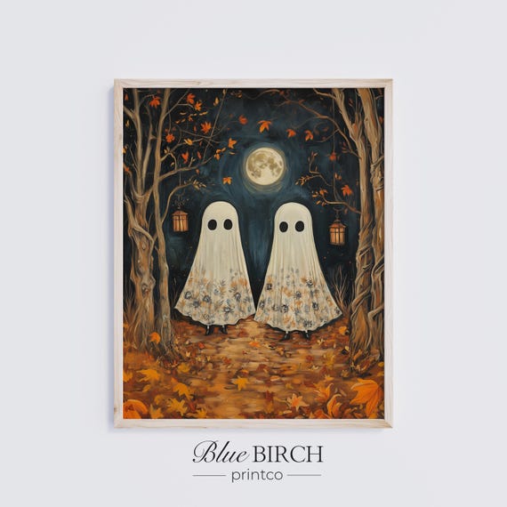 Vintage Halloween Sheet Art Spooky Wall Decor Rustic Autumn Night Scene Whimsical Moonlit Print Country Style 117