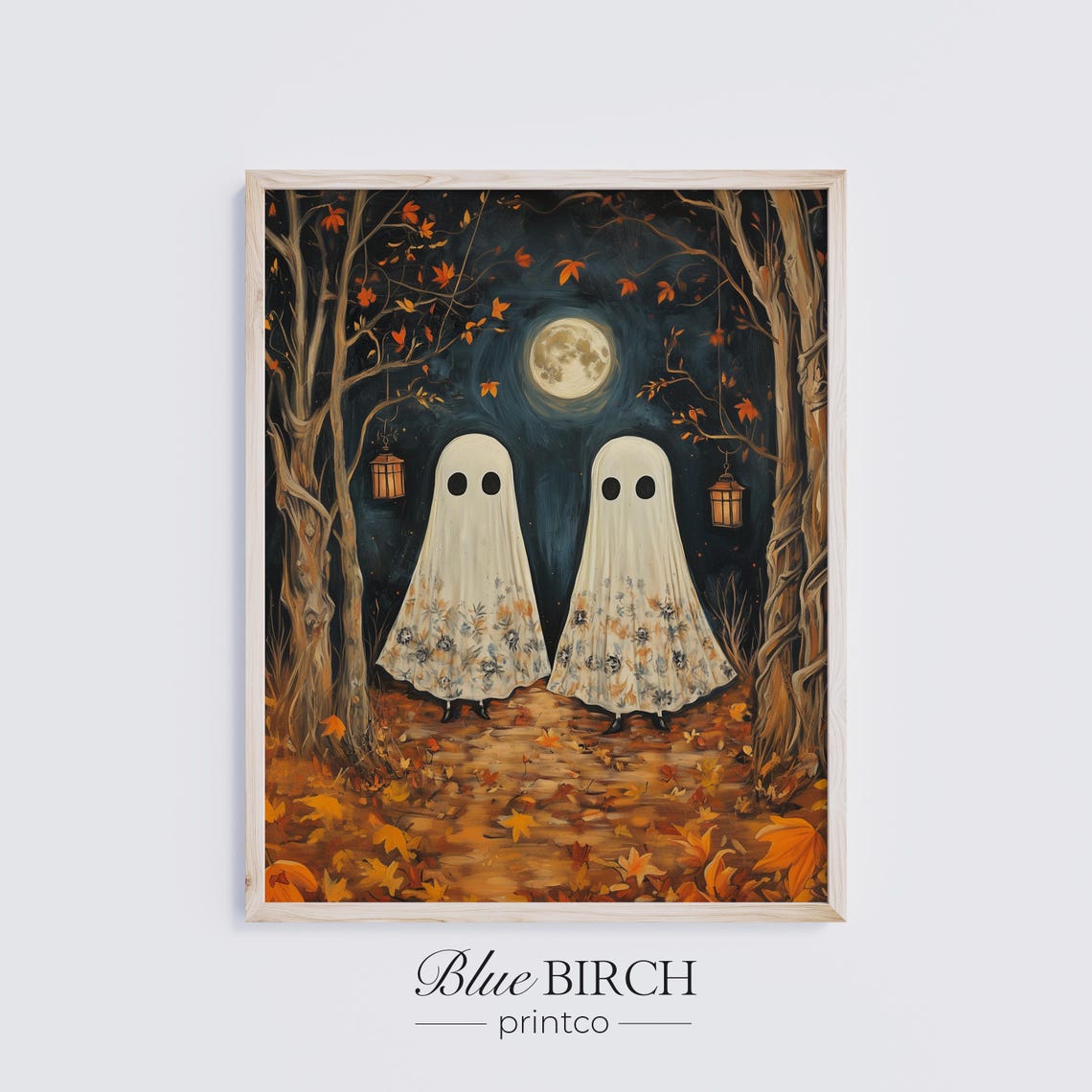 Vintage Halloween Sheet Art Spooky Wall Decor Rustic Autumn Night Scene Whimsical Moonlit Print Country Style 117