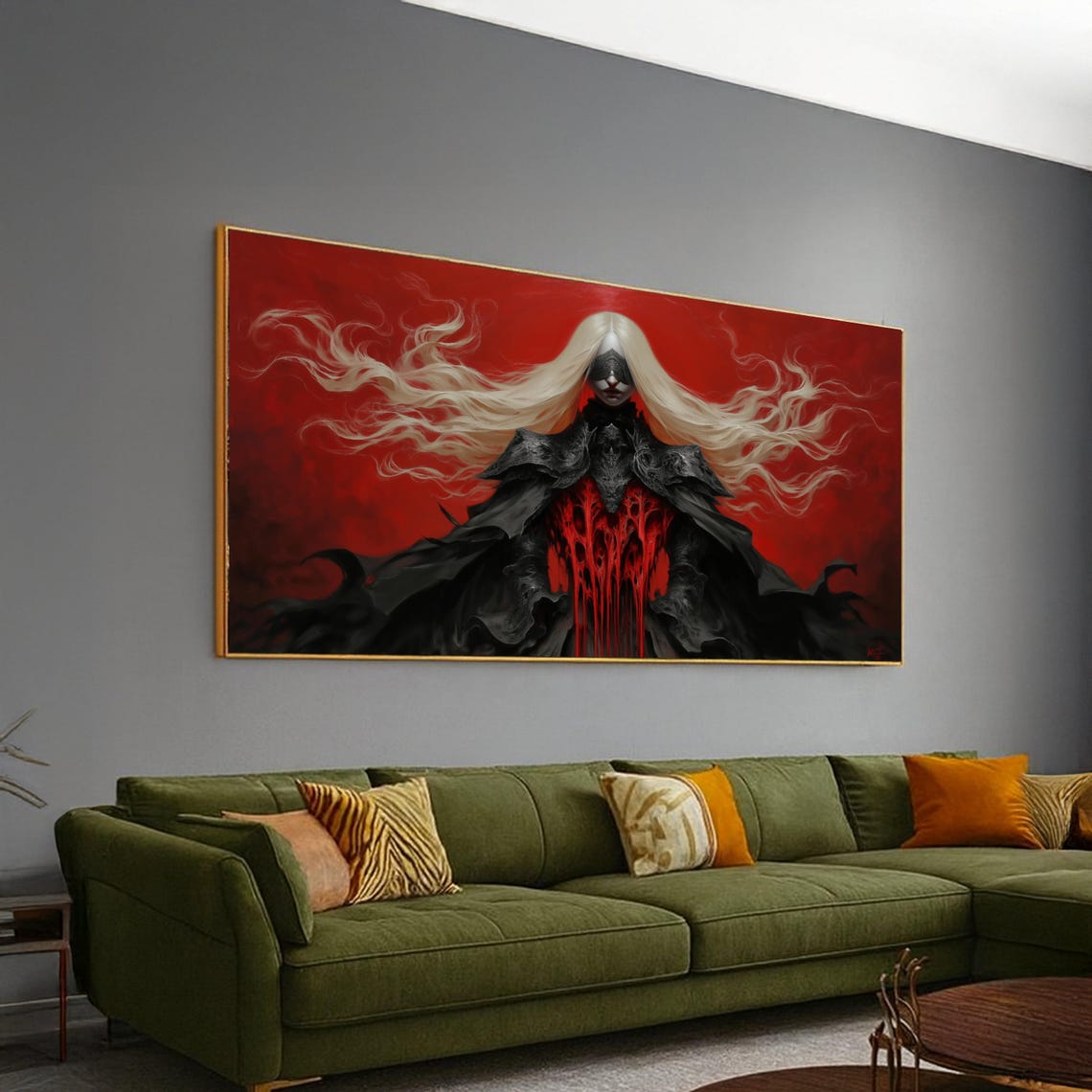 Dark Fantasy Warrior Queen Red Background Gothic Portrait Art Poster