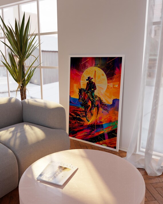 Neon Cowboy Wall Art Wild West Pop Print Colorful Western Horse Rider Poster Bold Sunset Decor Modern Desert Painting