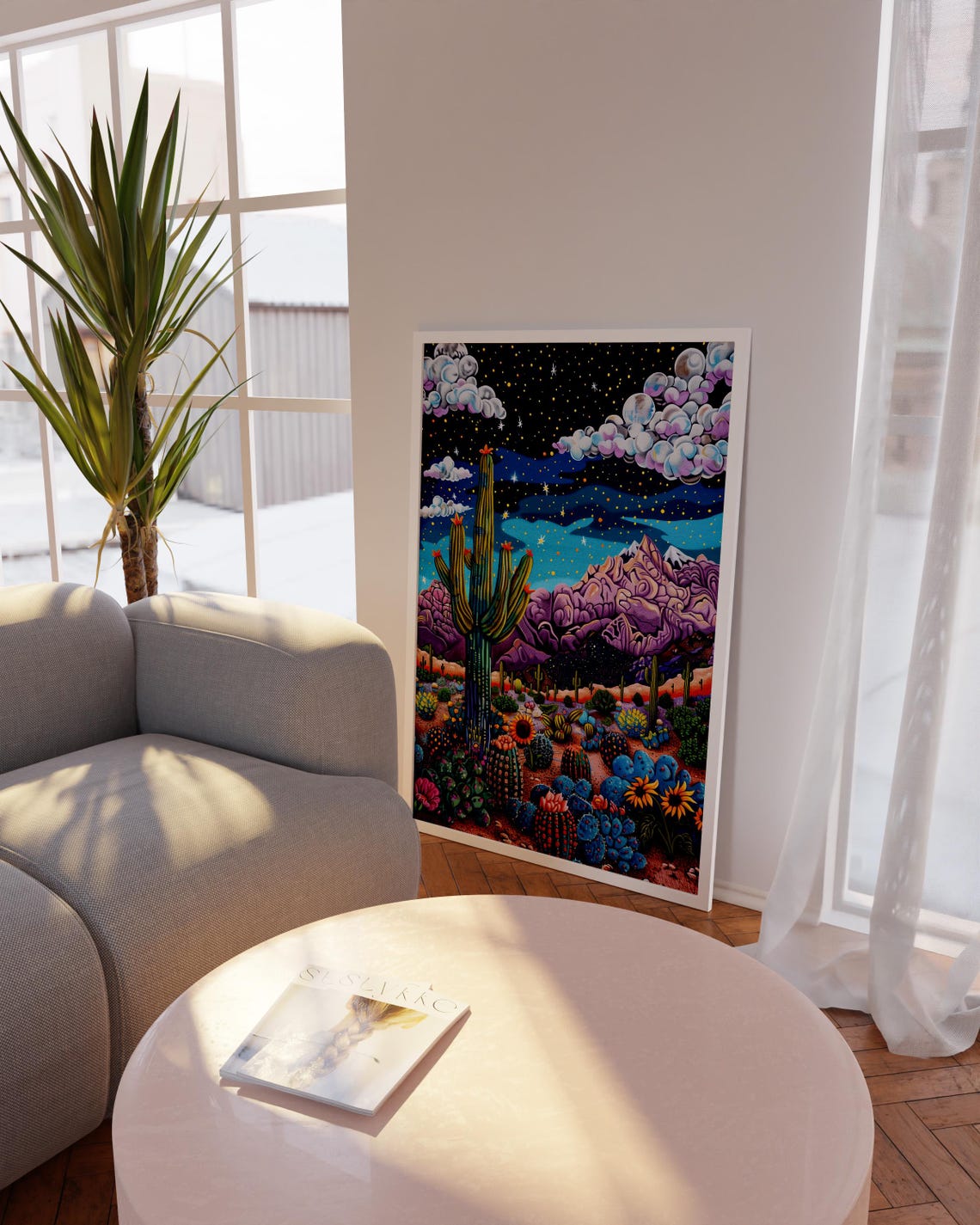 Psychedelic Cactus Desert Under Starry Night Sky Maximalist Poster