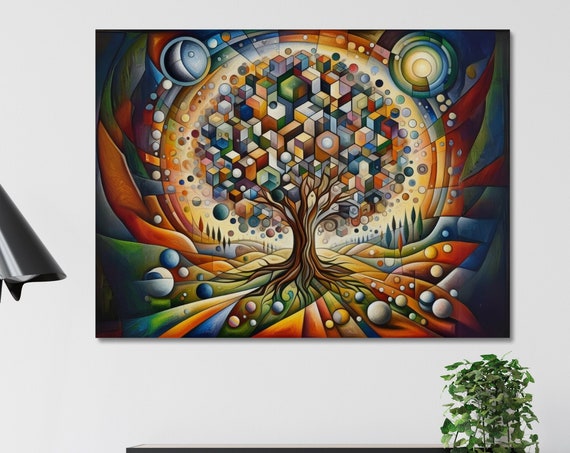 Colorful Cubism Art Tree Of Life Abstract Geometric Tree Wall Art Vibrant Tree Of Life Painting Stretched 125