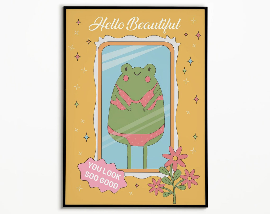 Frog Self Love Wall Poster Hello Beautiful Quote Pink Retro Print Posters Bathroom Prints Dorm Room Decor Girly Wall Art