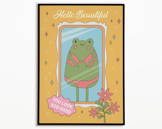 Frog Self Love Wall Poster Hello Beautiful Quote Pink Retro Print Posters Bathroom Prints Dorm Room Decor Girly Wall Art