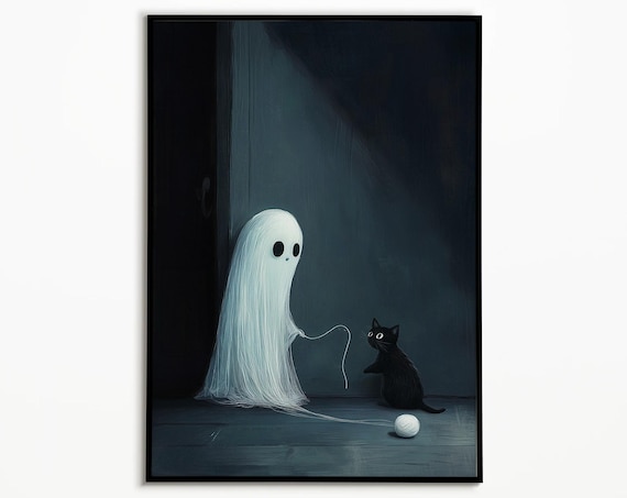 Cute Ghost and Black Cat Poster Spooky Halloween Kitten Yarn Play Wall Decor