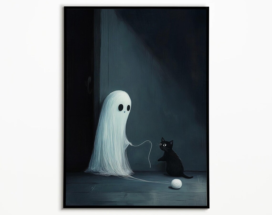 Cute Ghost and Black Cat Poster Spooky Halloween Kitten Yarn Play Wall Decor