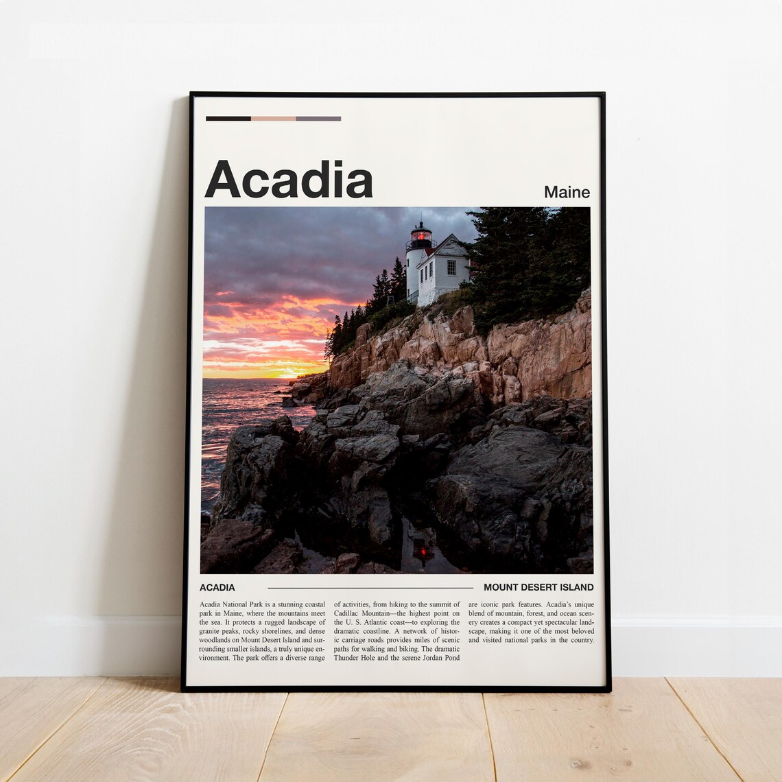 Acadia Maine Lighthouse Rocky Coast Sunset Minimalist Travel Poster