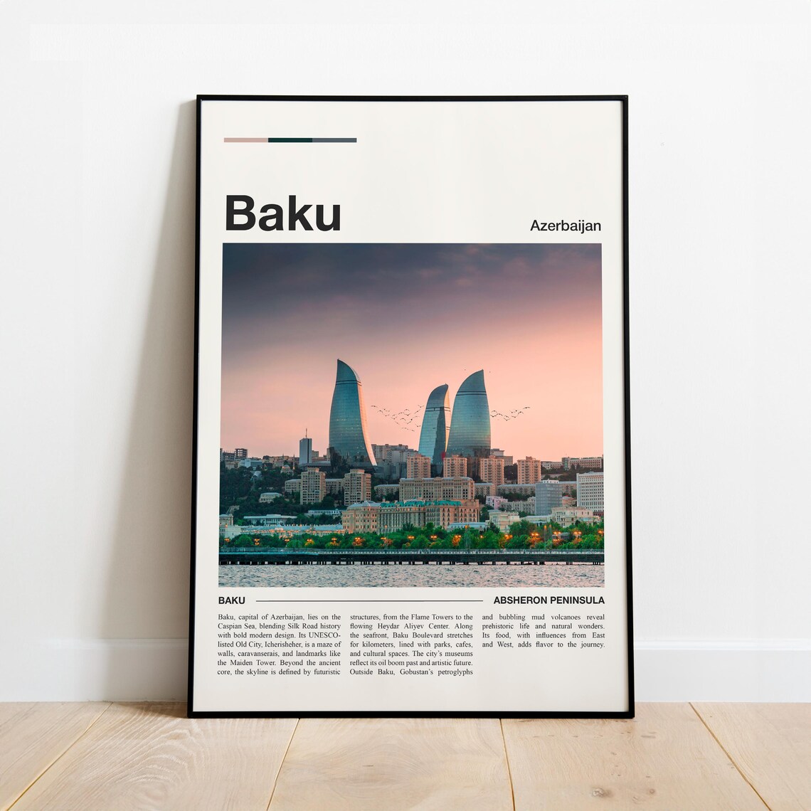 Baku Azerbaijan Flame Towers Sunset Minimalist Travel Poster