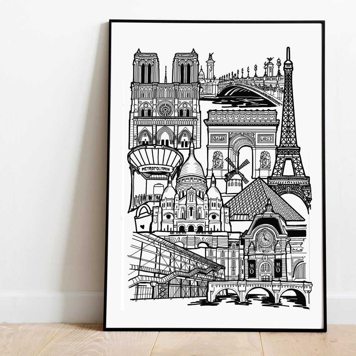 Paris Famous Landmarks Black and White Skyline Line Artwork Poster