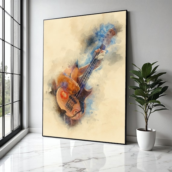 Watercolor Bass Guitar Player Vintage Music Print
