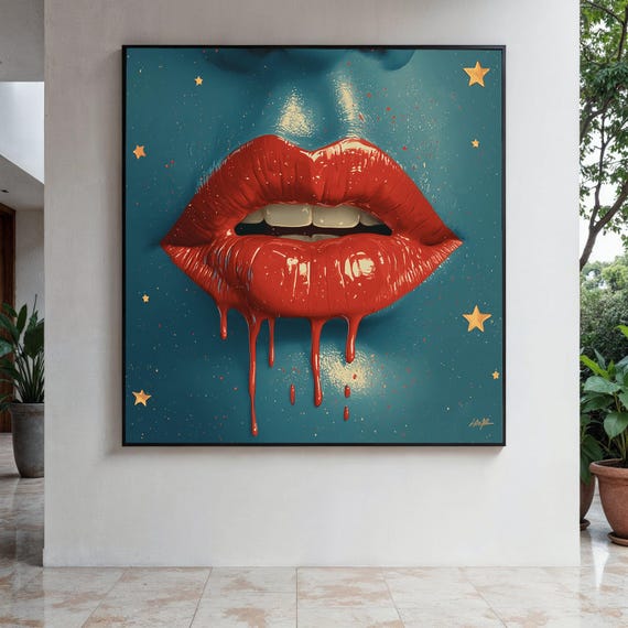 Glossy Red Dripping Lips Canvas Modern Pop Art Wall Decoration Bold Lipstick Print Unique Home Accent Gift Decor