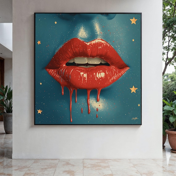 Red Dripping Lips Gold Stars Teal Pop Art Glam Beauty Poster