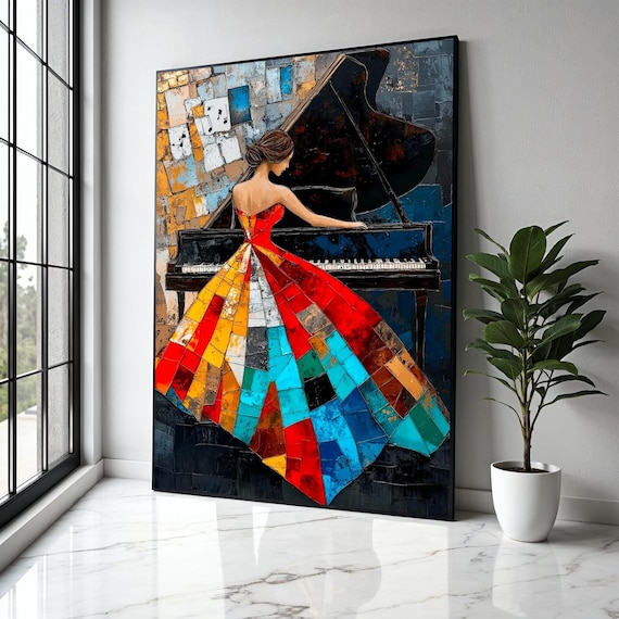 Abstract Woman Playing Piano Art Print, Modern Music