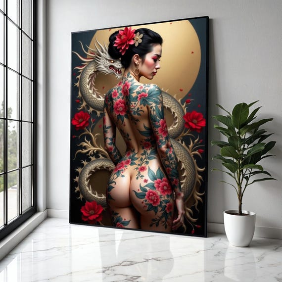 Japanese Tattoo Art Geisha With Dragon Print
