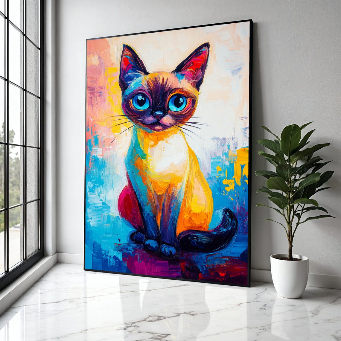 Colorful Siamese Cat Big Blue Eyes Rainbow Whimsical Feline Poster