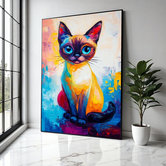 Colorful Siamese Cat Big Blue Eyes Rainbow Whimsical Feline Poster