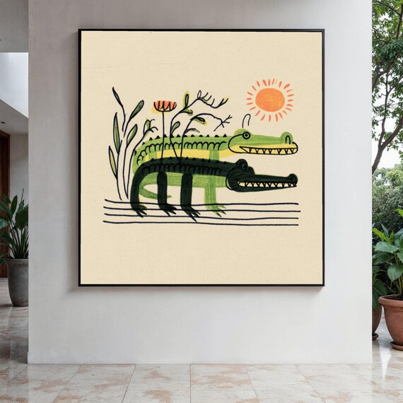 Whimsical Alligator Duo Canvas Tropical Nature Illustration Playful Wildlife Wall Art Colorful Animal Gift Home Decor Print
