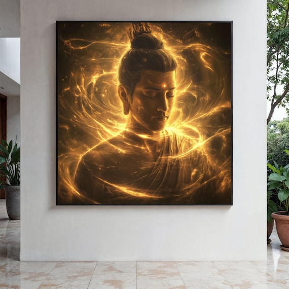 Buddha Head in Swirling Golden Energy Aura Dark Background Poster