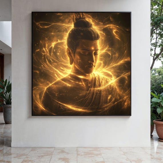 Radiant Buddha Meditation Canvas Spiritual Wall Art Golden Light Aura Decor Zen Inspiration Tranquil Gift Home Print