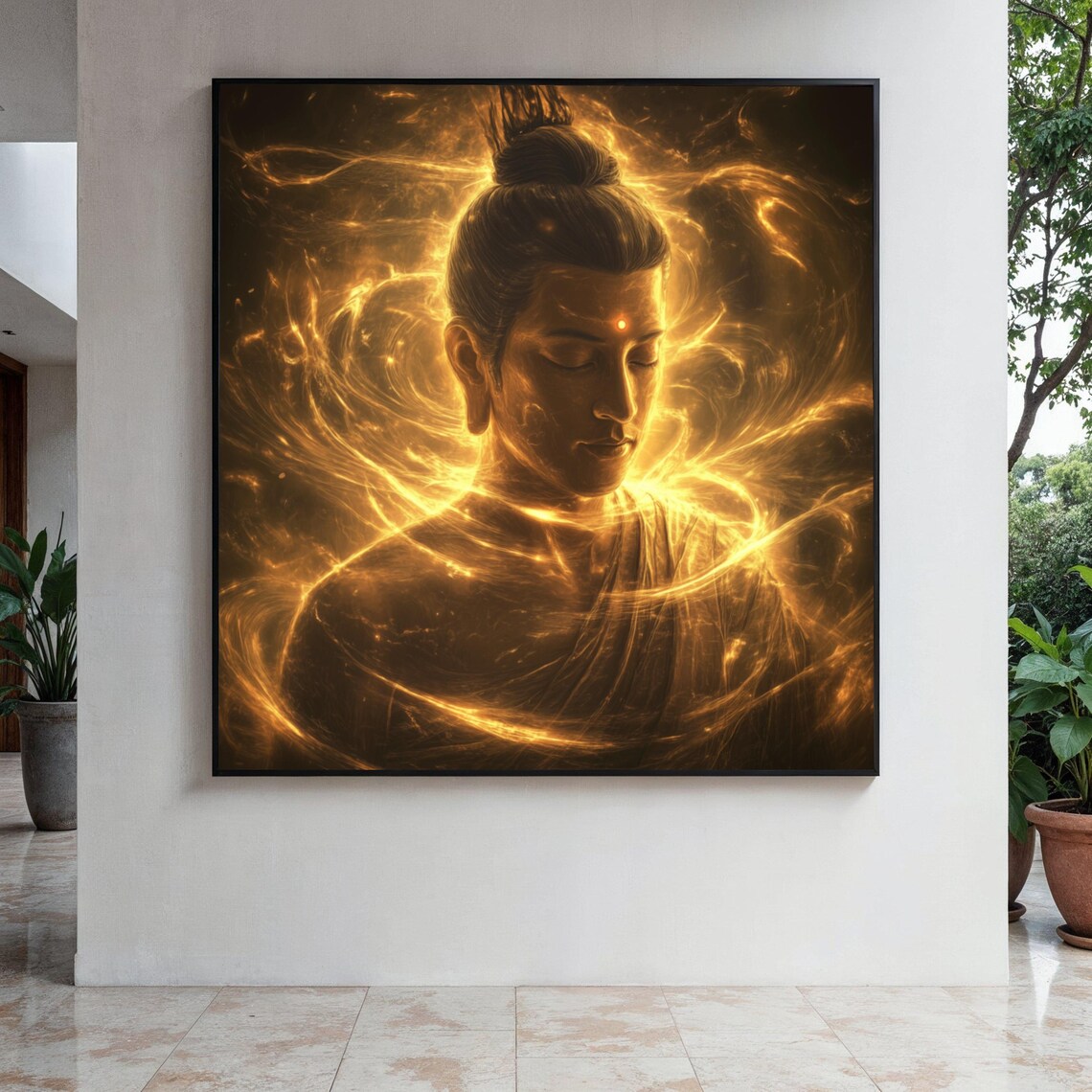 Buddha Head in Swirling Golden Energy Aura Dark Background Poster