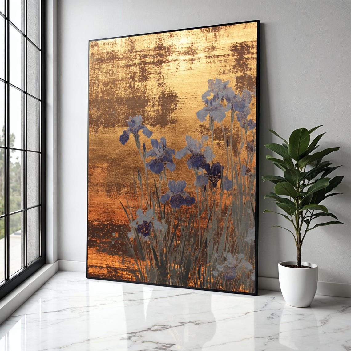 Blue Iris Flowers Gold Leaf Japanese Style Elegant Art Poster